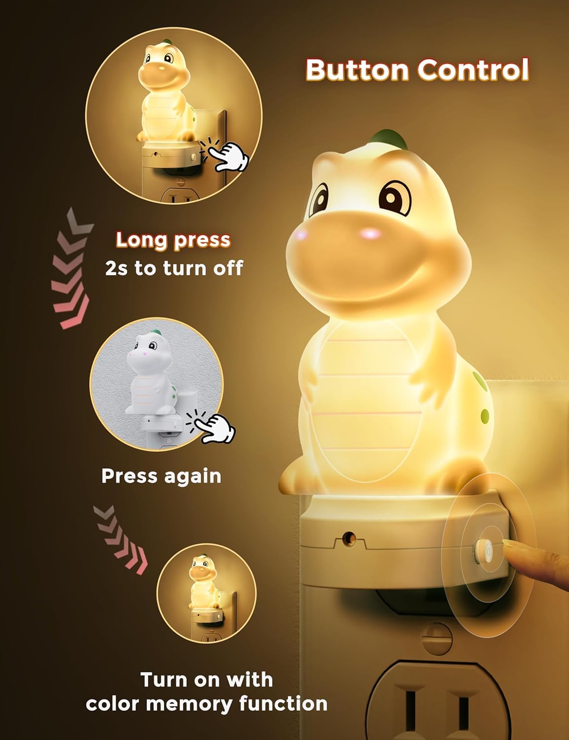 Dinosaur Plug-In Night Light | Auto Sensor Kids Night Light with Adjustable Brightness, 3000K Warm White / RGB Color Night Light for Bedroom and Nursery