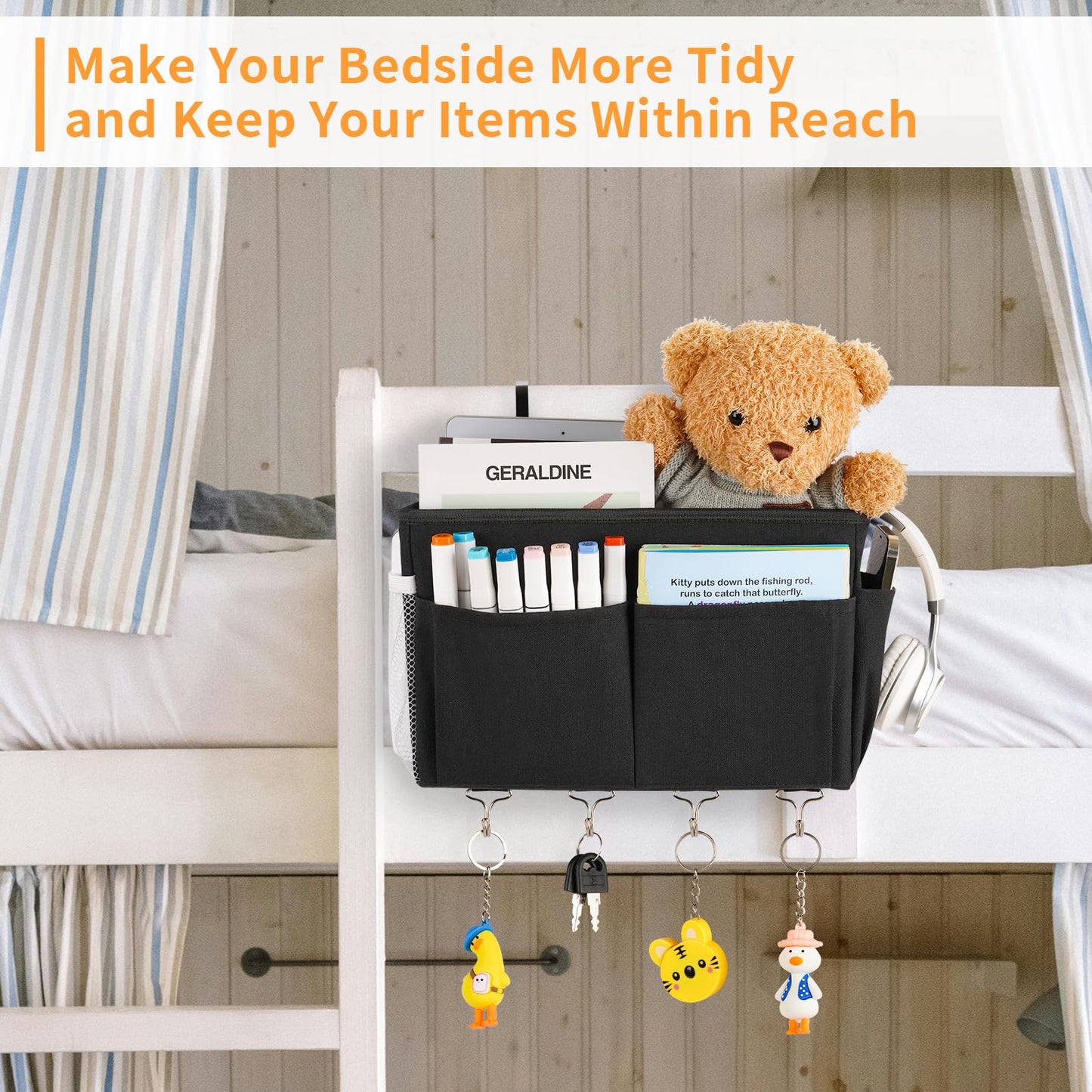 Reinforced Bedside Hanging Storage Basket | Bunk Bed Caddy with Metal Hooks, Large-Capacity Multi-Pocket Bedside Organizer