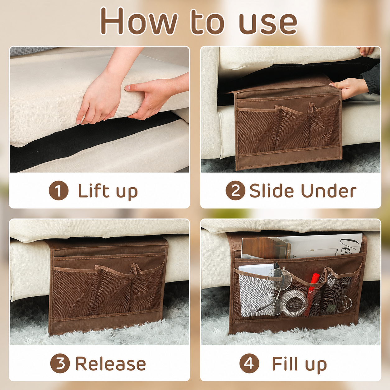 Sofa Armrest Organizer | No-Installation Bedside and Chairside Storage Pocket, Multi-Pocket Sofa Caddy for Remote Controls, Magazines, and Phones