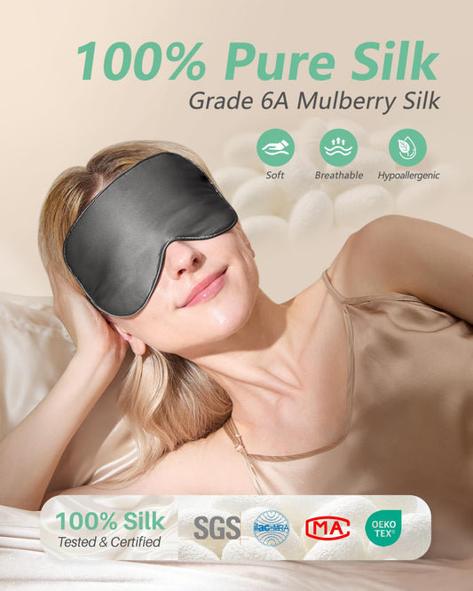 100% Mulberry Silk Sleep Mask | Grade 6A Silk Blackout Eye Mask, Adjustable Non-Slip Sleep Mask for Men & Women, Naps & Travel