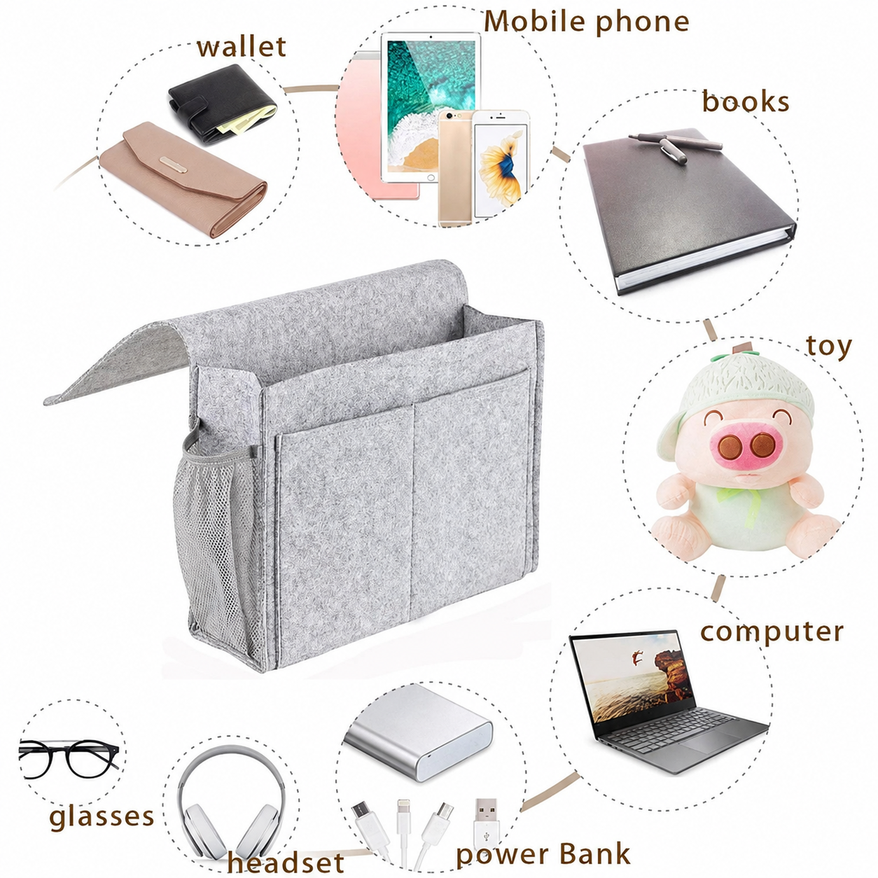 Multifunction Felt Bedside Storage Organizer | Bedside Caddy for Dorm Beds and Sofa Armrests, Multi-Pocket Hanging Organizer for Phones, Books, and Water Bottles