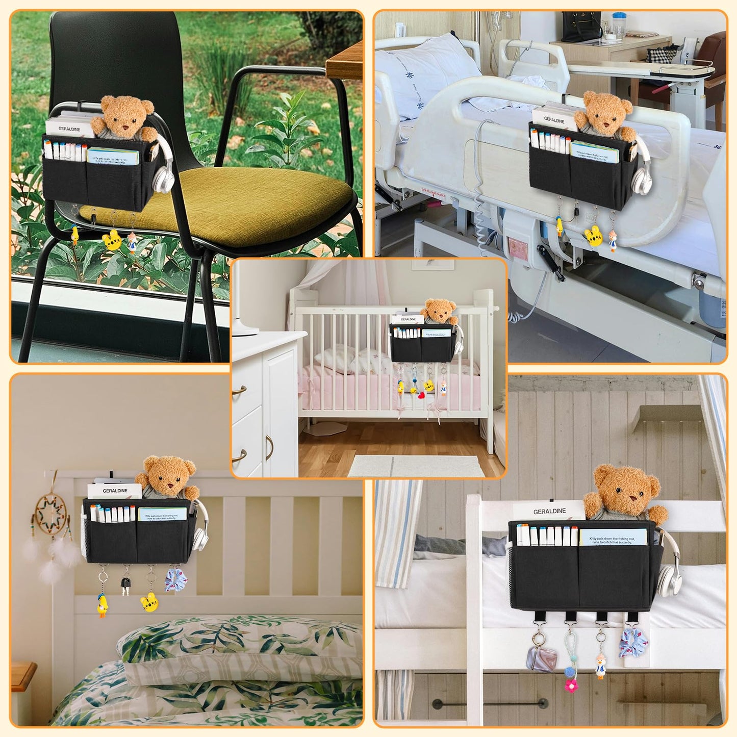 Reinforced Bedside Hanging Storage Basket | Bunk Bed Caddy with Metal Hooks, Large-Capacity Multi-Pocket Bedside Organizer