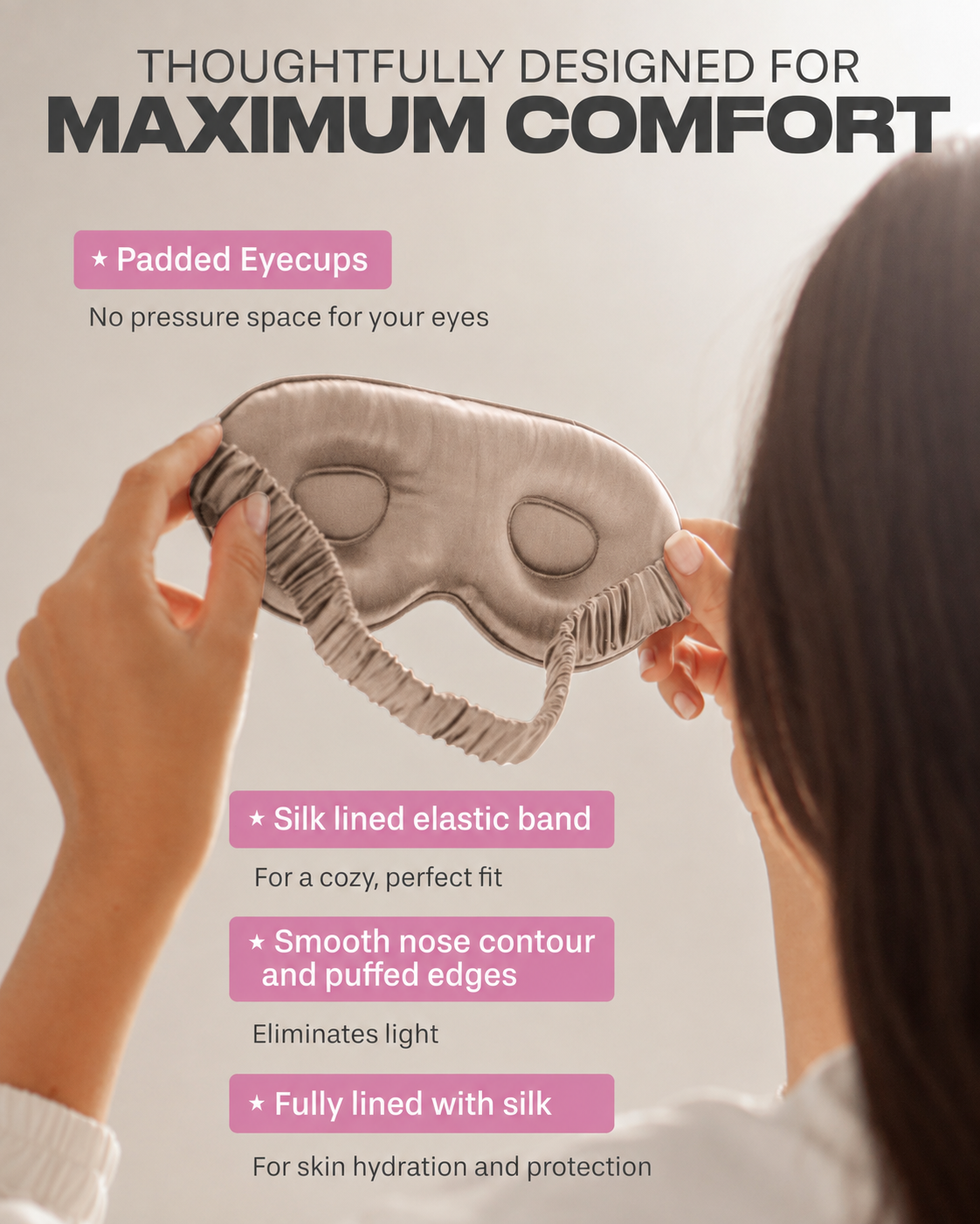 3D Silk Sleep Mask | Mulberry Silk Contoured Eye Mask, No Pressure on Eyes or Lashes, Adjustable Soft Eye Mask for Sleep, Travel & Naps