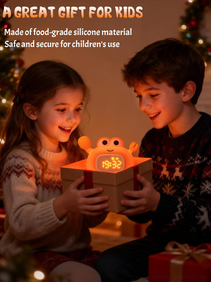 Kids Crab Alarm Clock Night Light | Dual Alarms, 6 Ringtones, 8-Color Light, 5-Level Volume, USB Rechargeable Bedside Clock