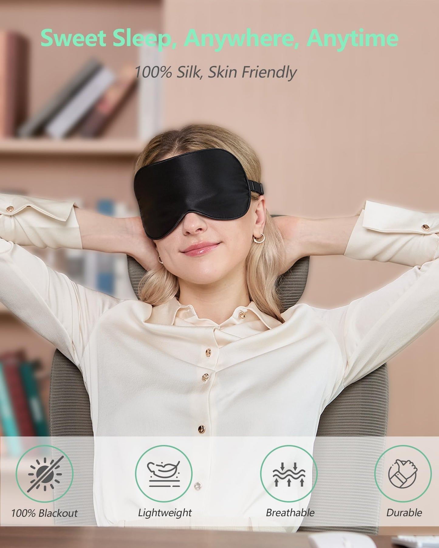 100% Mulberry Silk Sleep Mask | Grade 6A Silk Blackout Eye Mask, Adjustable Non-Slip Sleep Mask for Men & Women, Naps & Travel