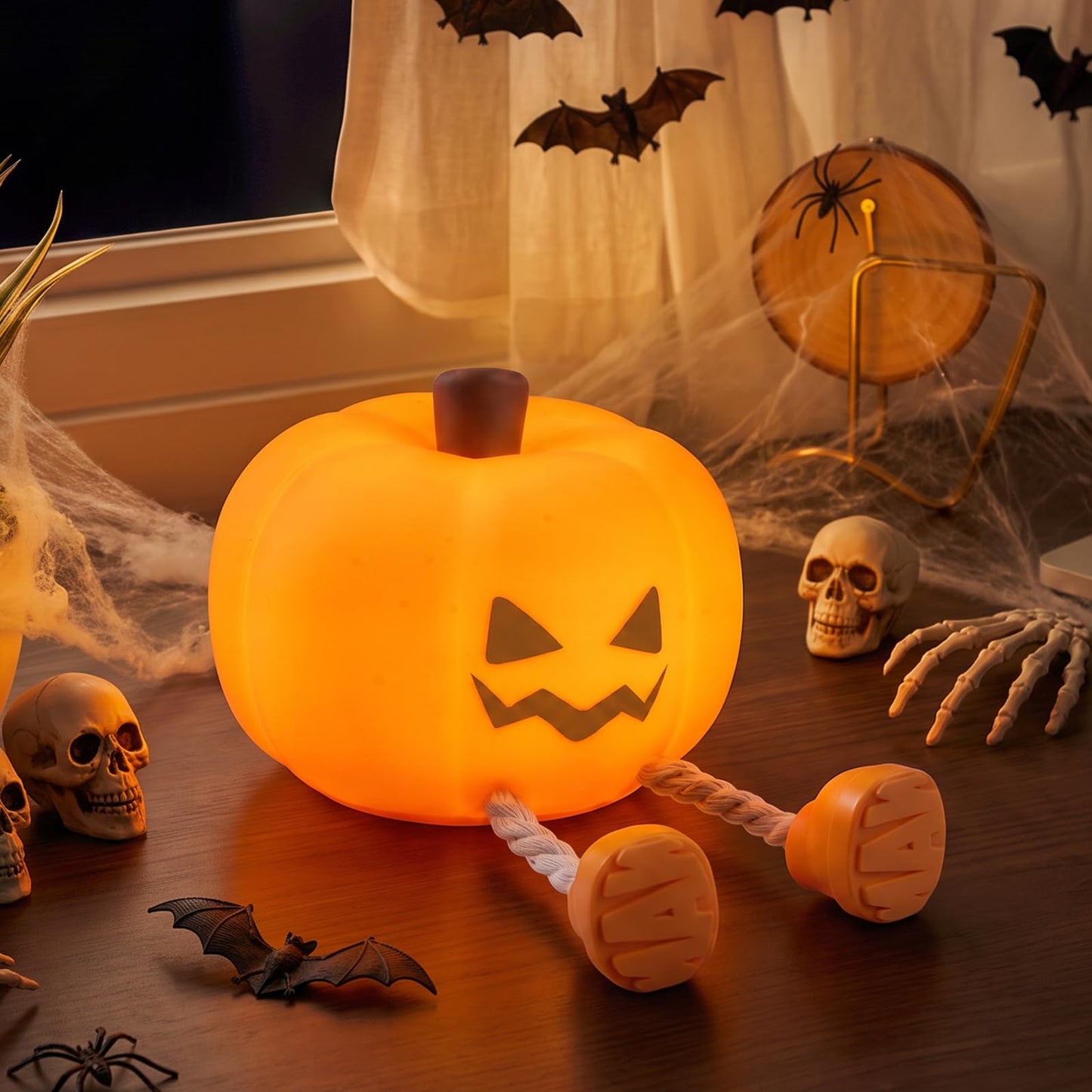 Halloween Pumpkin Tap Night Light | 3-Level Dimmable Kids Bedside Lamp, 30-Minute Timer, Type-C Rechargeable Silicone Ambient Light