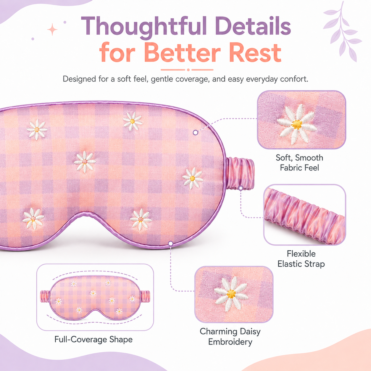 Embroidered Sleep Mask | Soft, Comfortable & Adjustable Eye Mask for Bedtime, Naps & Travel