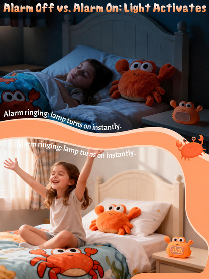 Kids Crab Alarm Clock Night Light | Dual Alarms, 6 Ringtones, 8-Color Light, 5-Level Volume, USB Rechargeable Bedside Clock