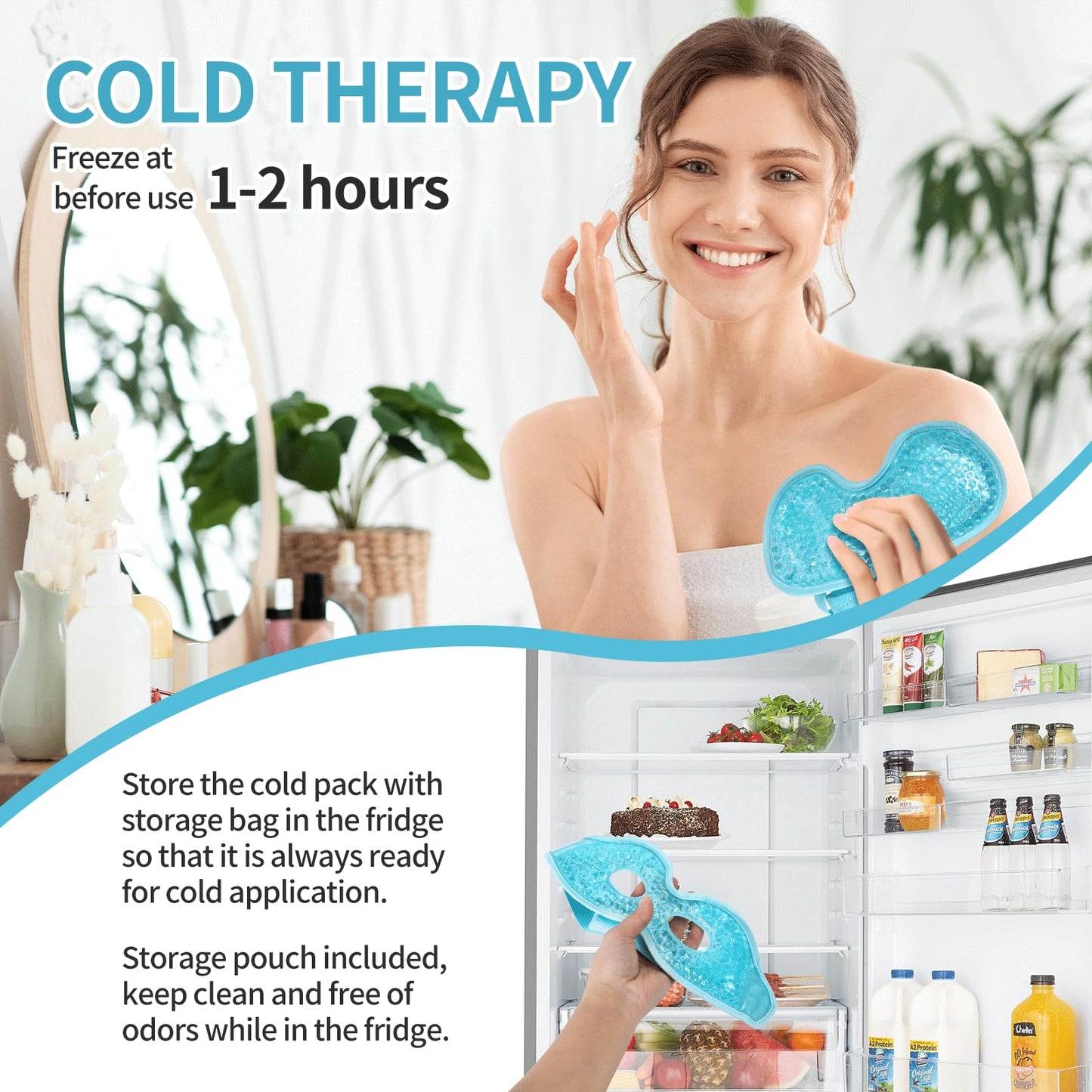 Cooling Gel Eye Mask | Refrigerated Cold Compress Mask for Eye Fatigue, Puffiness & Relaxation, Adjustable Reversible Eye Mask