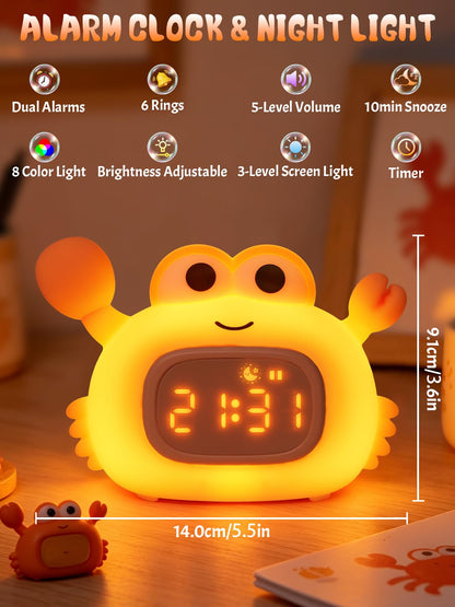 Kids Crab Alarm Clock Night Light | Dual Alarms, 6 Ringtones, 8-Color Light, 5-Level Volume, USB Rechargeable Bedside Clock