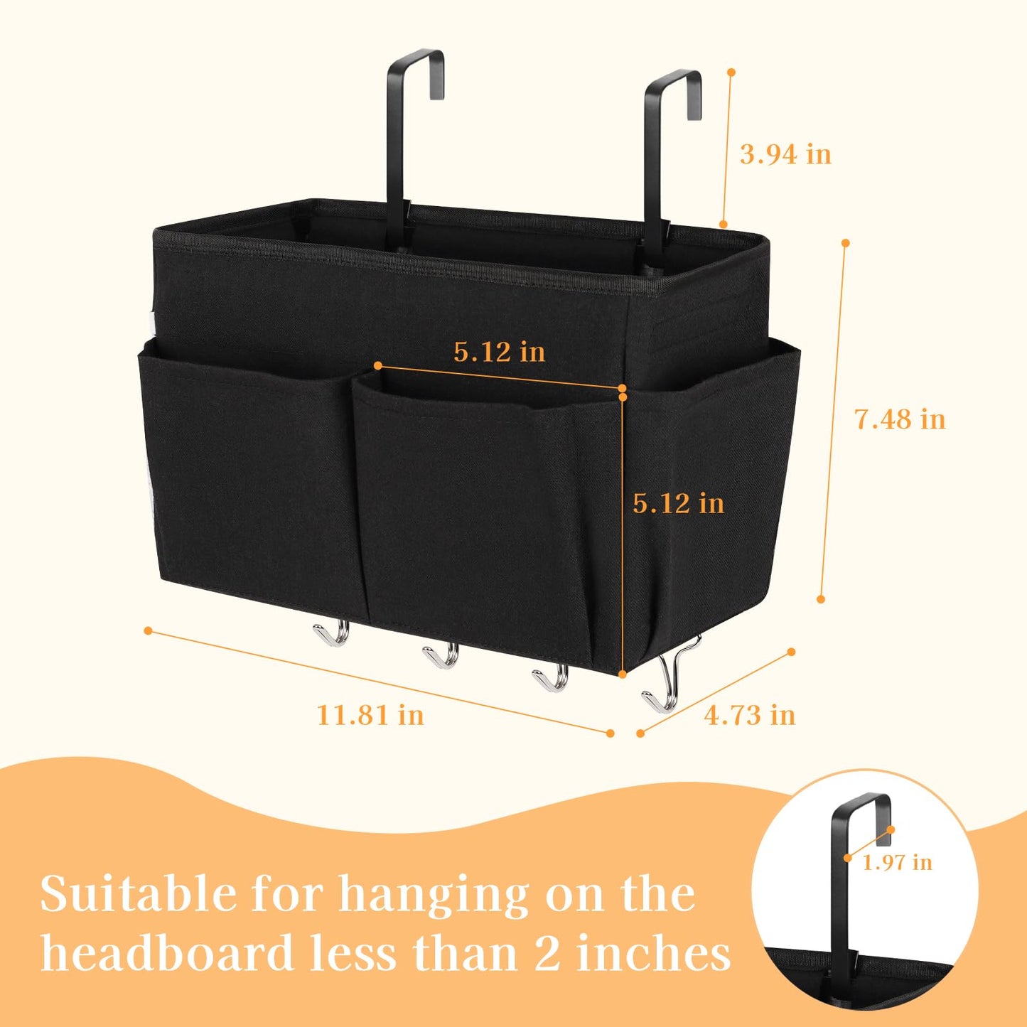 Reinforced Bedside Hanging Storage Basket | Bunk Bed Caddy with Metal Hooks, Large-Capacity Multi-Pocket Bedside Organizer