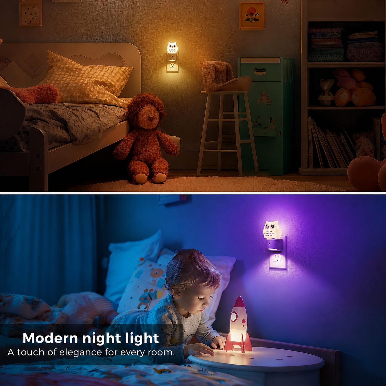 Owl Plug-In Sensor Night Light | 10-Color Kids’ Bedroom Night Light with Auto On/Off for Bedroom, Hallway, and Stairs
