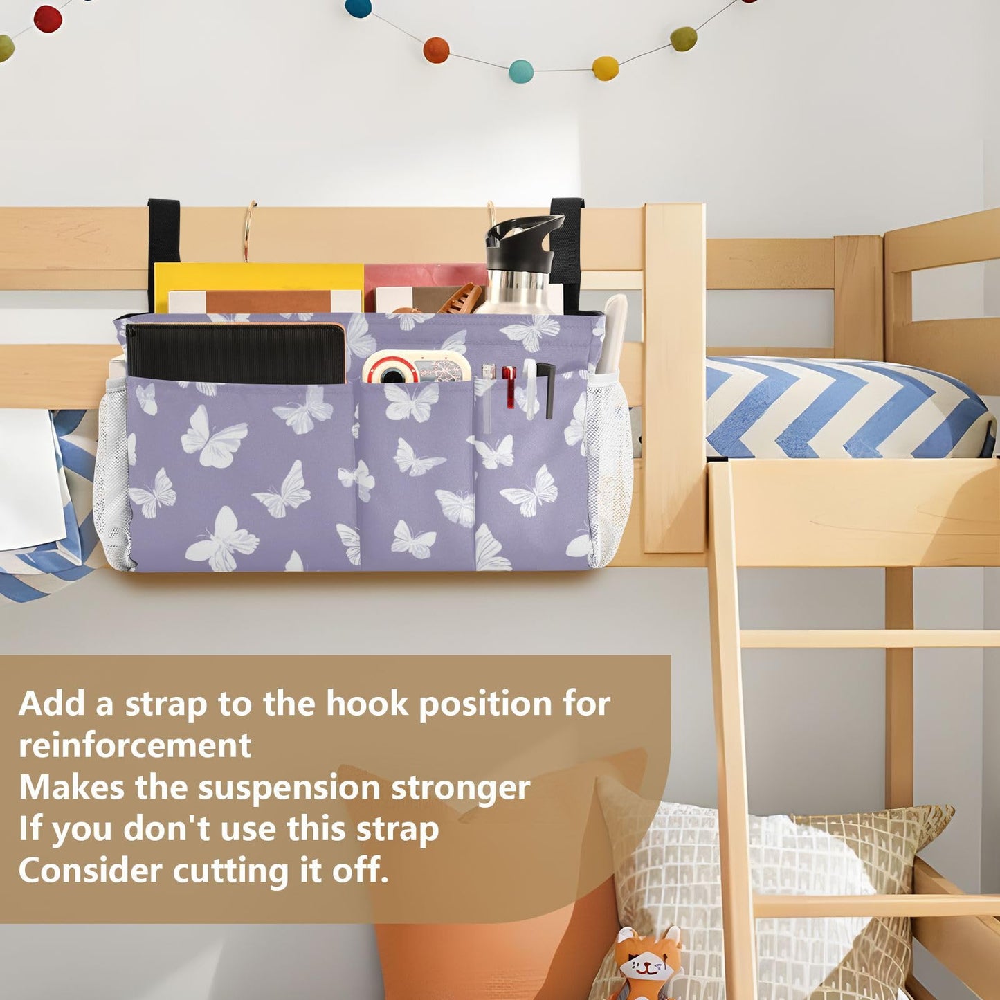 Butterfly Print Bedside Hanging Storage Basket | Bunk Bed Caddy, Multi-Pocket Bedside Organizer for Cribs and Chair Backs