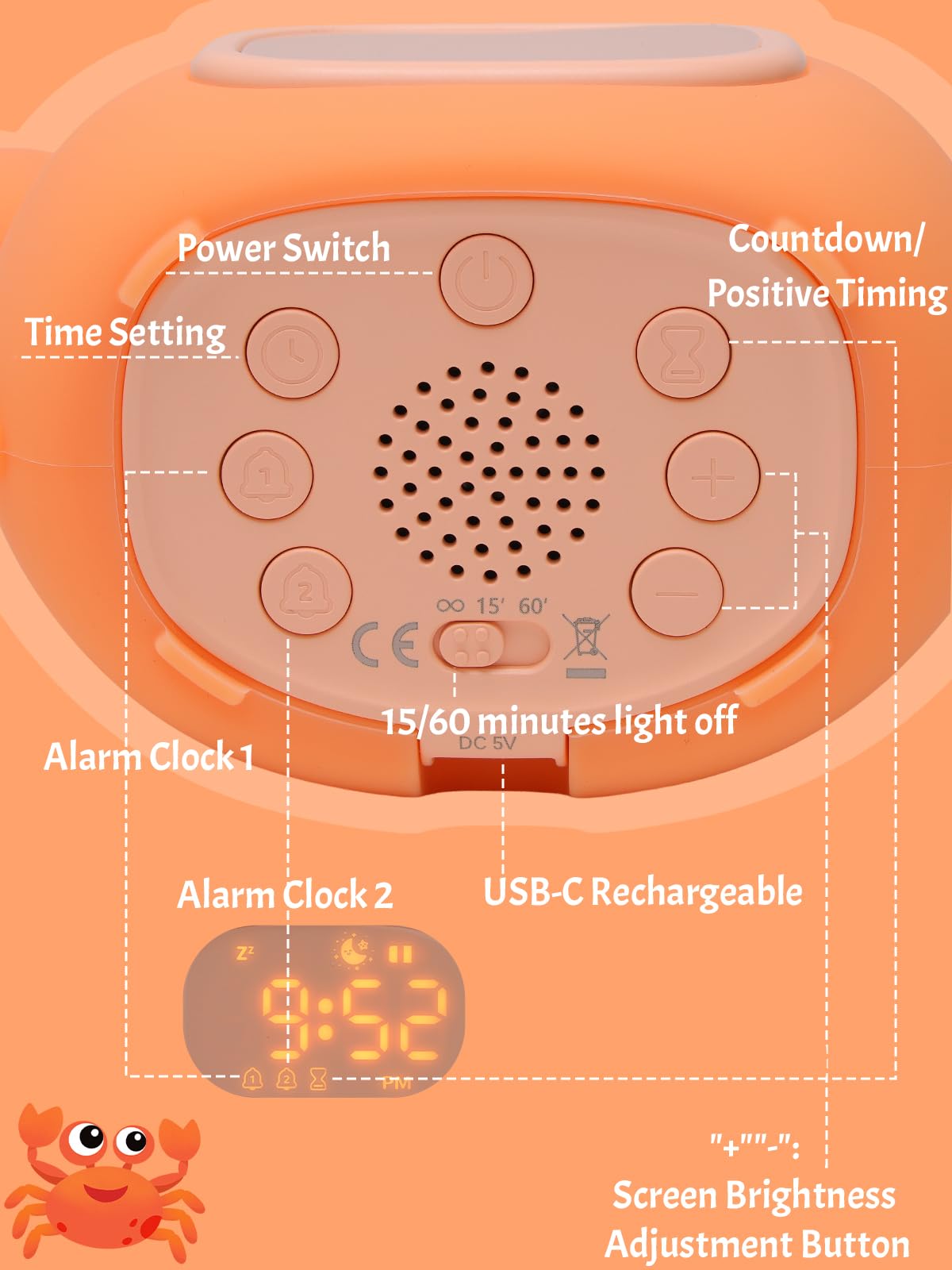 Kids Crab Alarm Clock Night Light | Dual Alarms, 6 Ringtones, 8-Color Light, 5-Level Volume, USB Rechargeable Bedside Clock