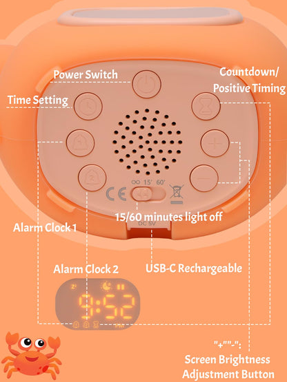 Kids Crab Alarm Clock Night Light | Dual Alarms, 6 Ringtones, 8-Color Light, 5-Level Volume, USB Rechargeable Bedside Clock