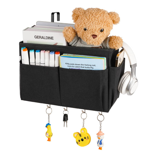Reinforced Bedside Hanging Storage Basket | Bunk Bed Caddy with Metal Hooks, Large-Capacity Multi-Pocket Bedside Organizer