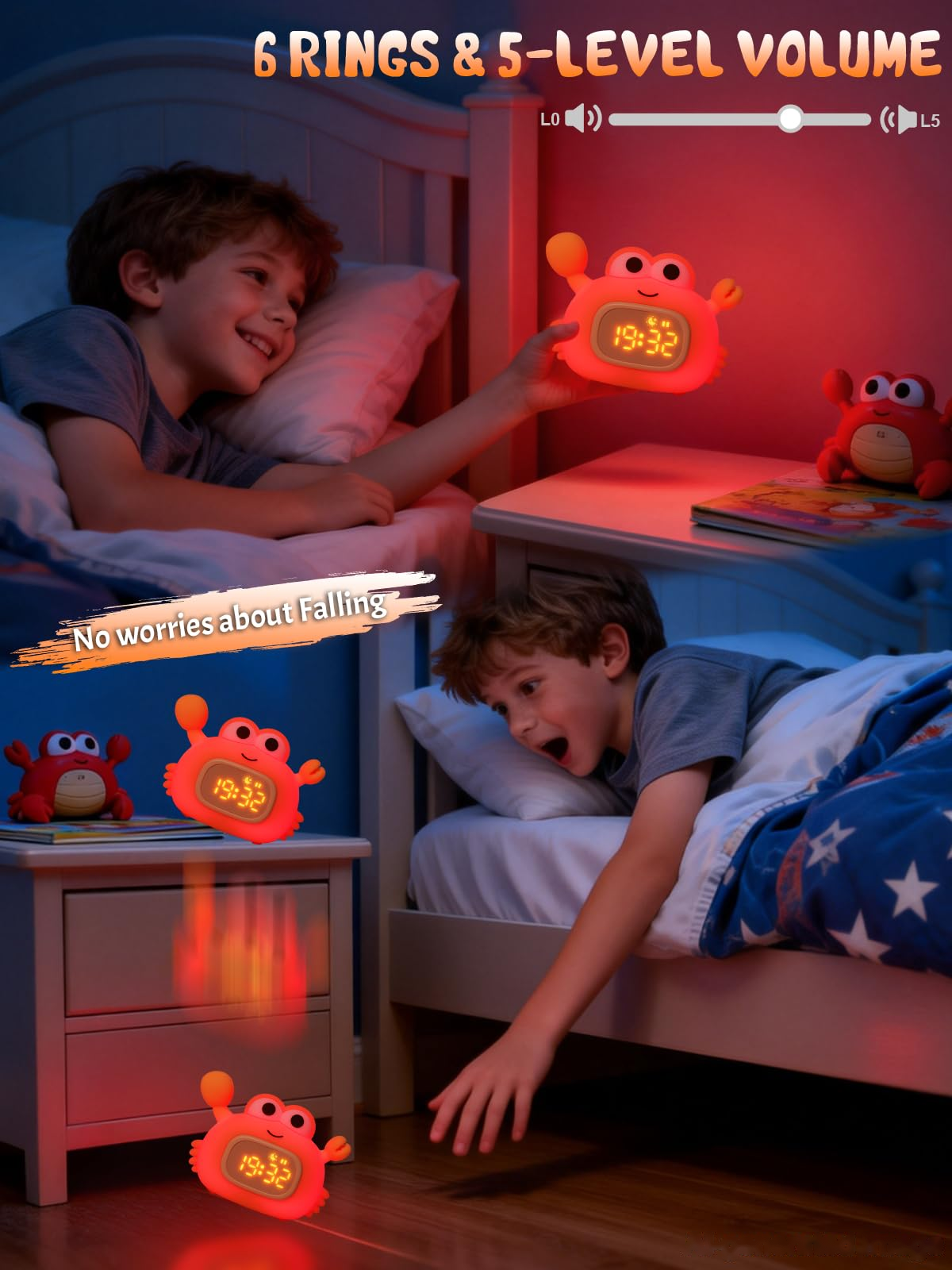 Kids Crab Alarm Clock Night Light | Dual Alarms, 6 Ringtones, 8-Color Light, 5-Level Volume, USB Rechargeable Bedside Clock