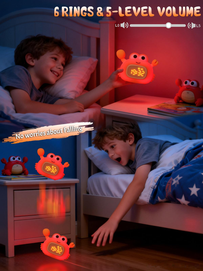 Kids Crab Alarm Clock Night Light | Dual Alarms, 6 Ringtones, 8-Color Light, 5-Level Volume, USB Rechargeable Bedside Clock