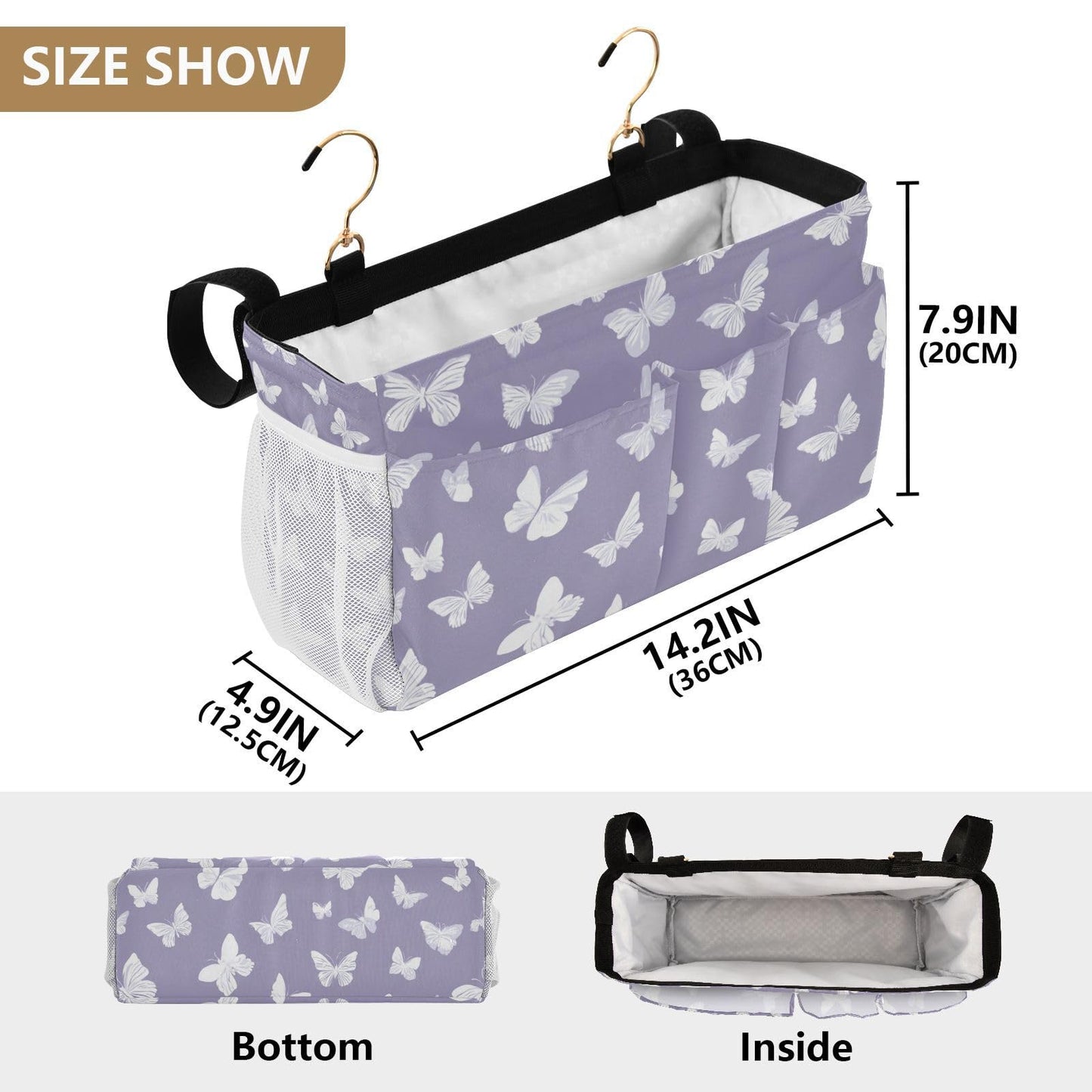Butterfly Print Bedside Hanging Storage Basket | Bunk Bed Caddy, Multi-Pocket Bedside Organizer for Cribs and Chair Backs