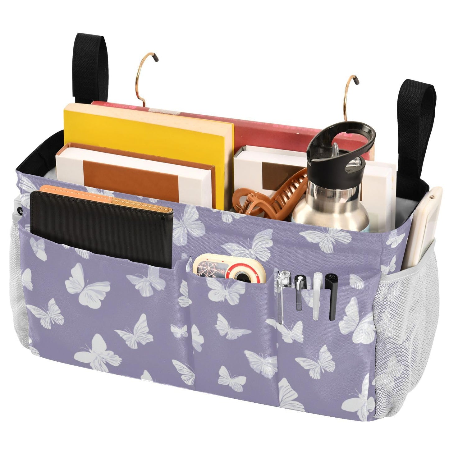 Butterfly Print Bedside Hanging Storage Basket | Bunk Bed Caddy, Multi-Pocket Bedside Organizer for Cribs and Chair Backs