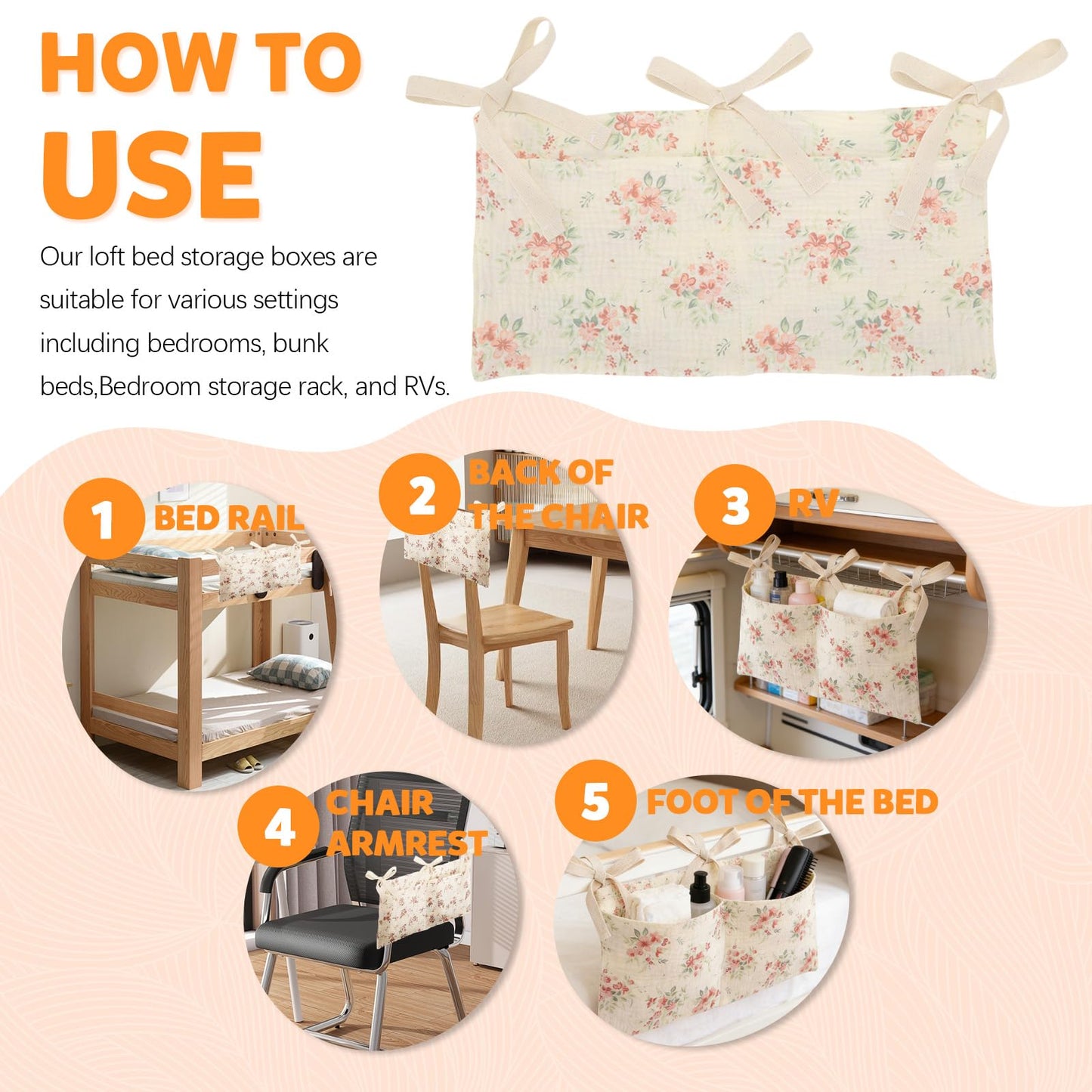 Floral Bedside Hanging Organizer | 2-Pack Bunk Bed Caddy, Bedside Storage Bag for Kids’ Beds and Cribs, Large-Capacity Fabric Hanging Organizer