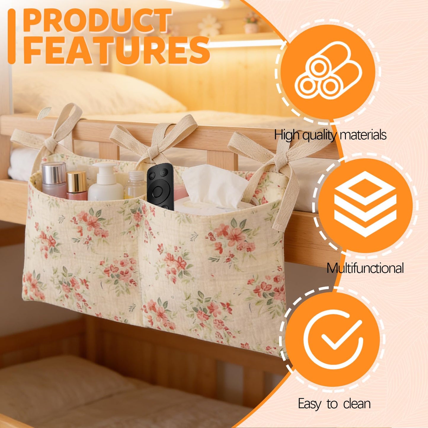 Floral Bedside Hanging Organizer | 2-Pack Bunk Bed Caddy, Bedside Storage Bag for Kids’ Beds and Cribs, Large-Capacity Fabric Hanging Organizer