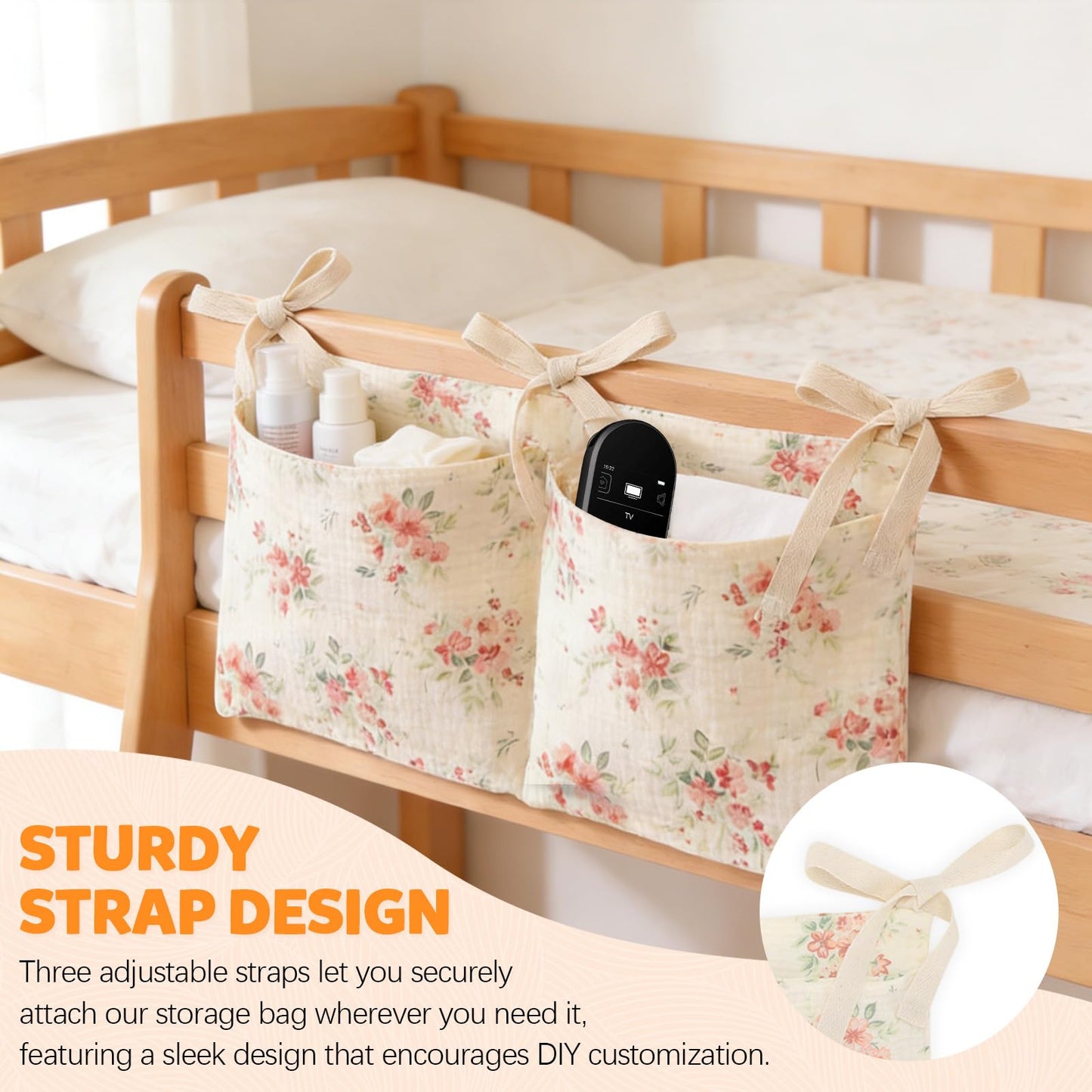 Floral Bedside Hanging Organizer | 2-Pack Bunk Bed Caddy, Bedside Storage Bag for Kids’ Beds and Cribs, Large-Capacity Fabric Hanging Organizer