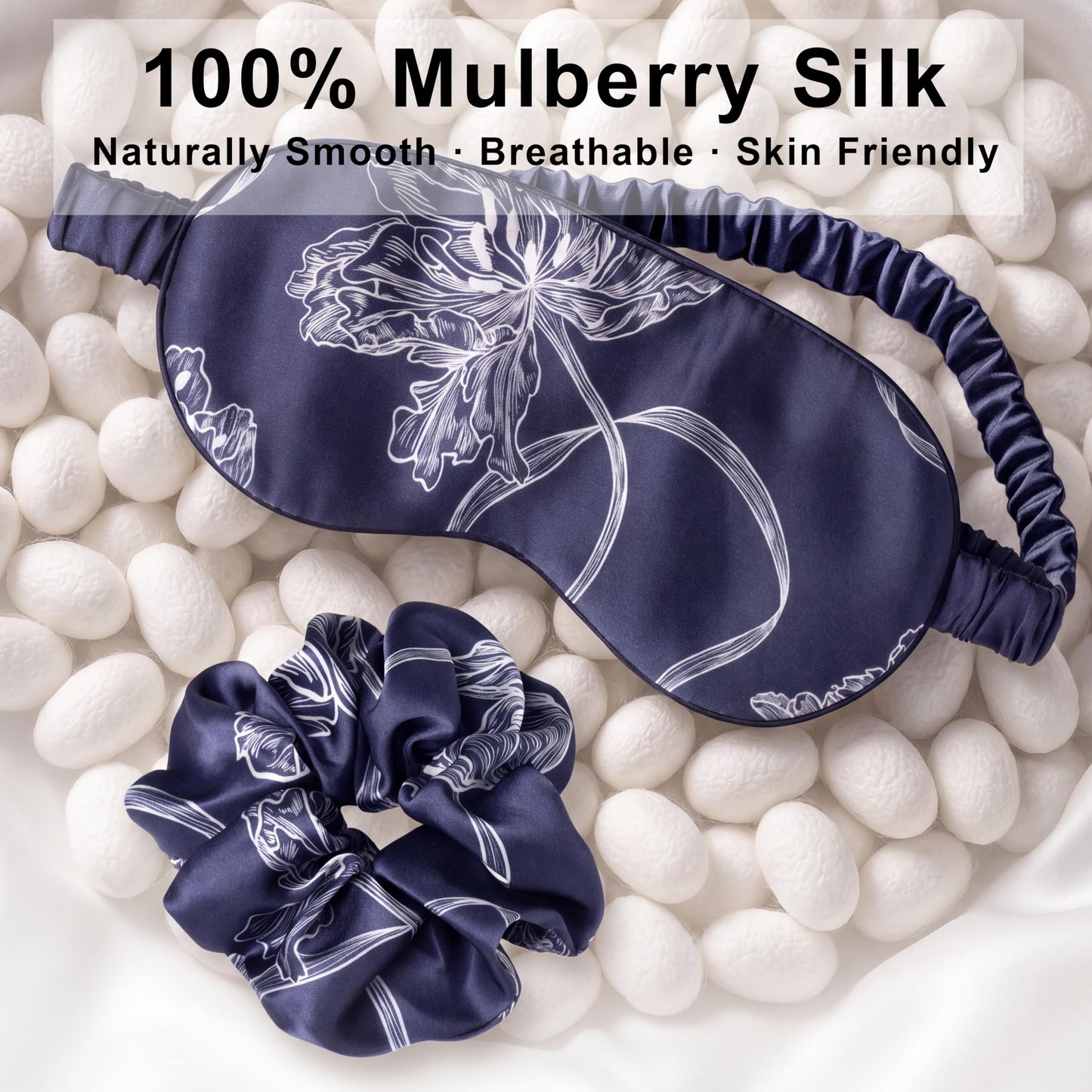 100% Mulberry Silk Sleep Mask Set | Silk Light-Blocking Eye Mask with Stretchy Scrunchie, Soft, Breathable & Comfortable