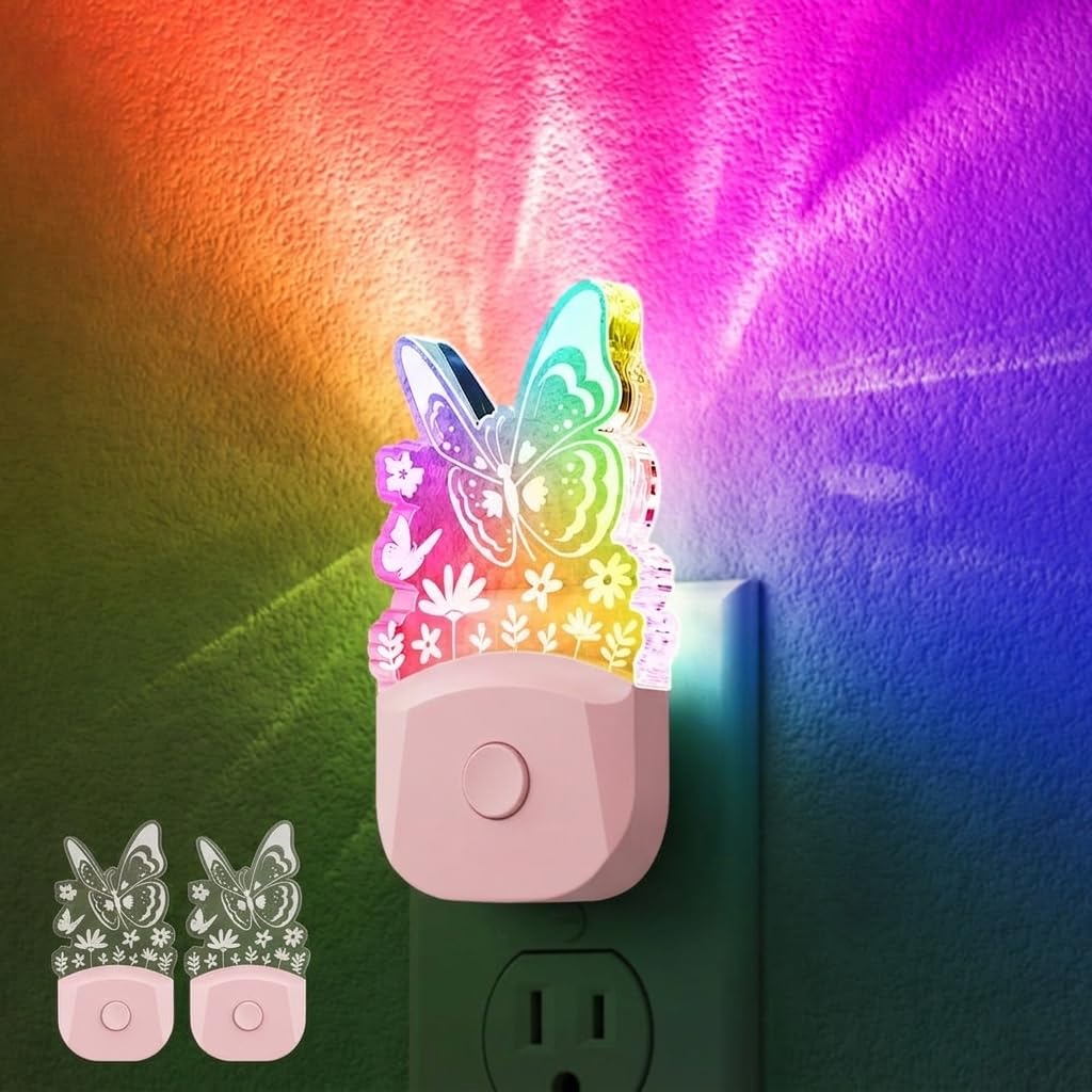 Butterfly RGB Plug-In Sensor Night Light | Auto On/Off Color Night Light for Kids’ Rooms, Bedroom, Hallway, and Ambient Lighting Without Blocking a Second Outlet