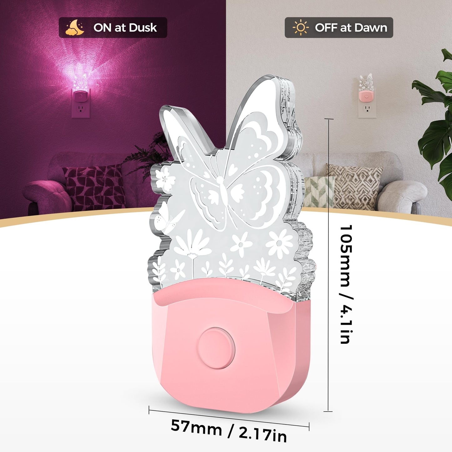 Butterfly RGB Plug-In Sensor Night Light | Auto On/Off Color Night Light for Kids’ Rooms, Bedroom, Hallway, and Ambient Lighting Without Blocking a Second Outlet