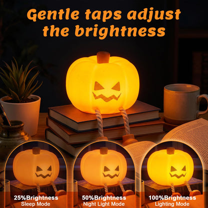 Halloween Pumpkin Tap Night Light | 3-Level Dimmable Kids Bedside Lamp, 30-Minute Timer, Type-C Rechargeable Silicone Ambient Light