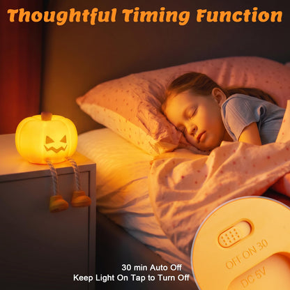Halloween Pumpkin Tap Night Light | 3-Level Dimmable Kids Bedside Lamp, 30-Minute Timer, Type-C Rechargeable Silicone Ambient Light