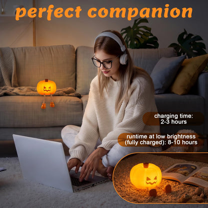 Halloween Pumpkin Tap Night Light | 3-Level Dimmable Kids Bedside Lamp, 30-Minute Timer, Type-C Rechargeable Silicone Ambient Light