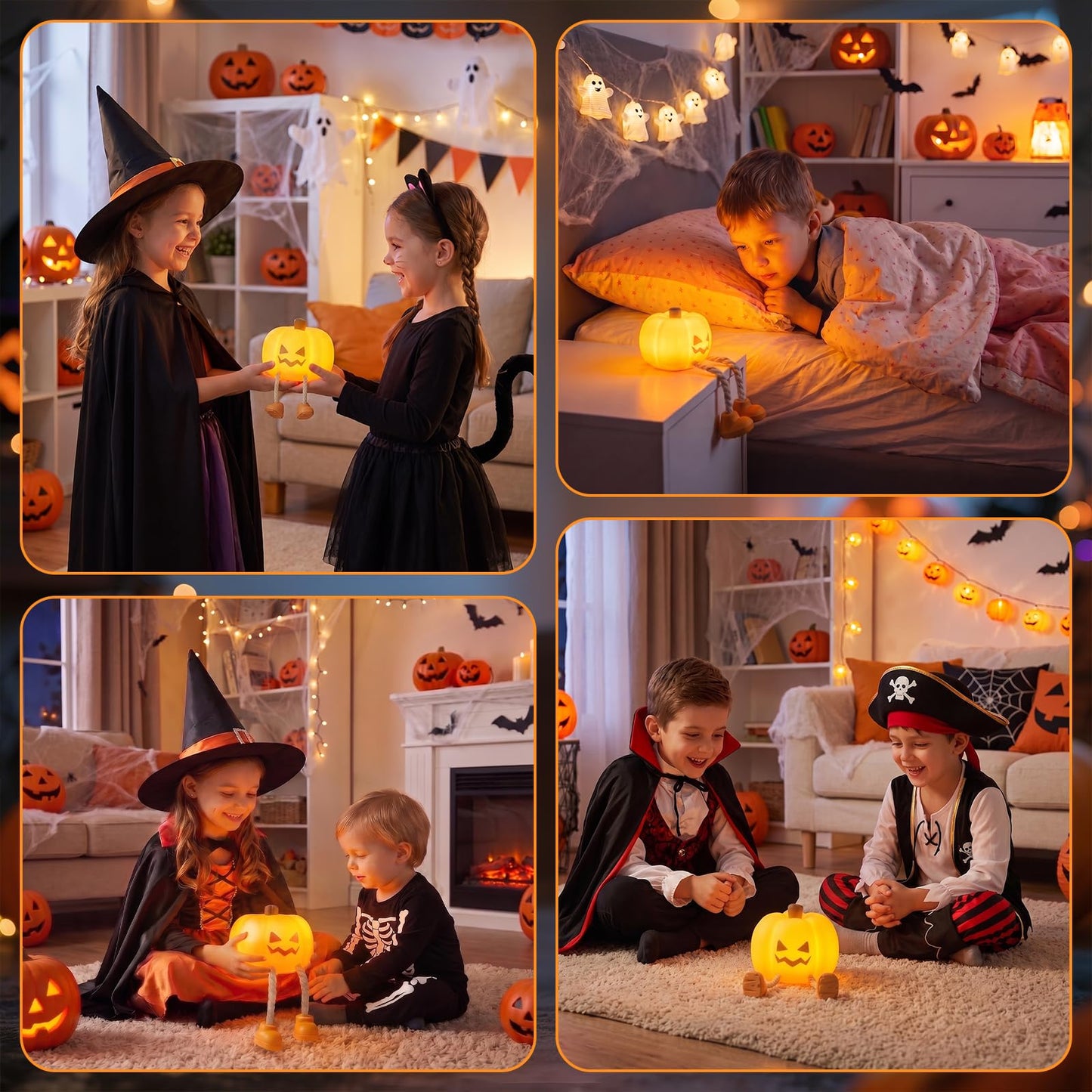 Halloween Pumpkin Tap Night Light | 3-Level Dimmable Kids Bedside Lamp, 30-Minute Timer, Type-C Rechargeable Silicone Ambient Light