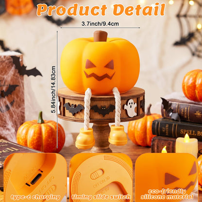 Halloween Pumpkin Tap Night Light | 3-Level Dimmable Kids Bedside Lamp, 30-Minute Timer, Type-C Rechargeable Silicone Ambient Light