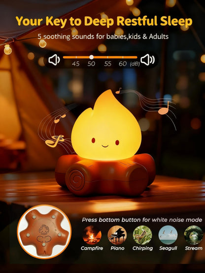 Campfire White Noise Night Light | 5 Soothing Sounds + Stepless Dimming, Flickering Candle / Steady Light Modes, Type-C Rechargeable Bedside Lamp