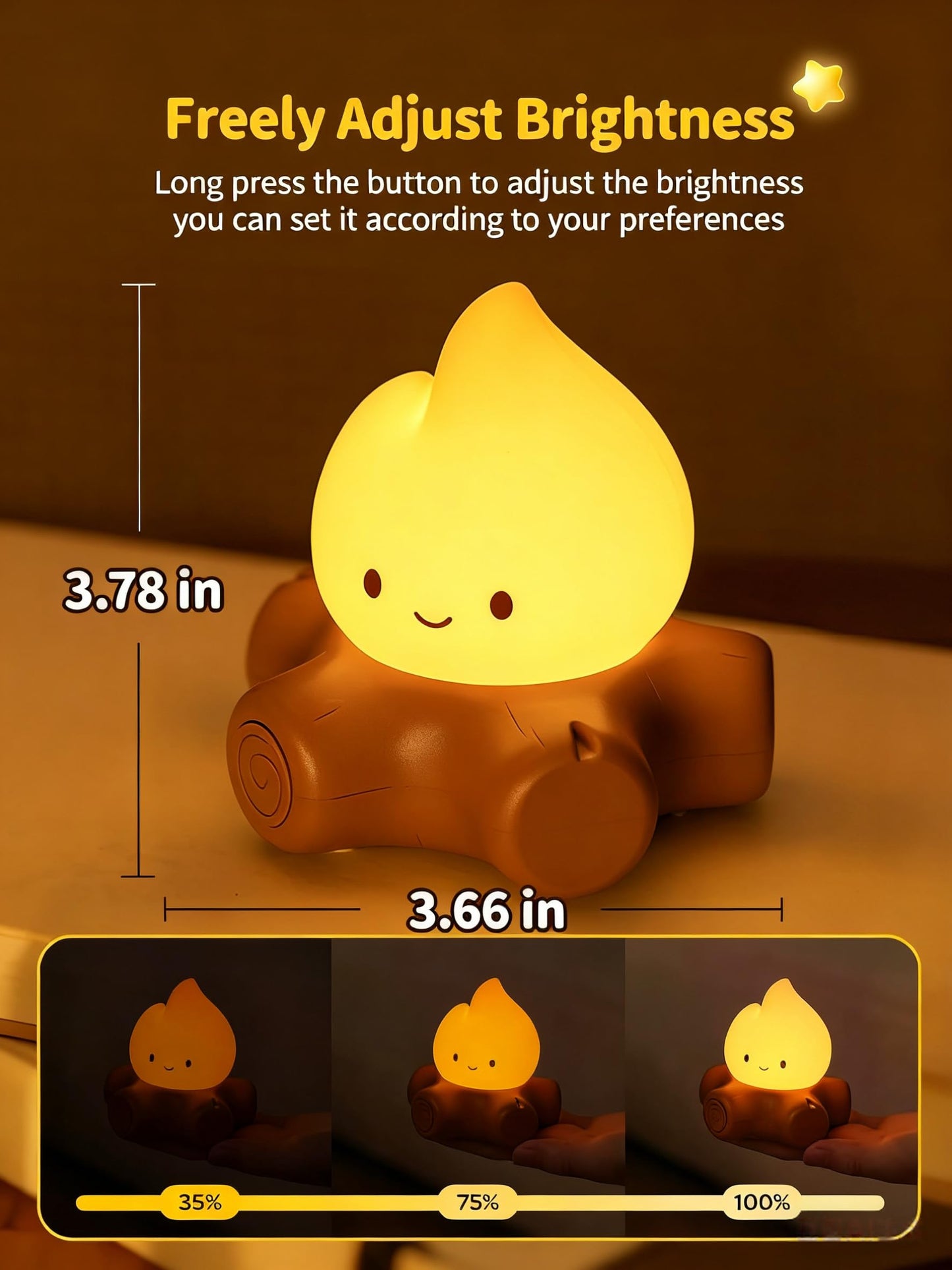 Campfire White Noise Night Light | 5 Soothing Sounds + Stepless Dimming, Flickering Candle / Steady Light Modes, Type-C Rechargeable Bedside Lamp