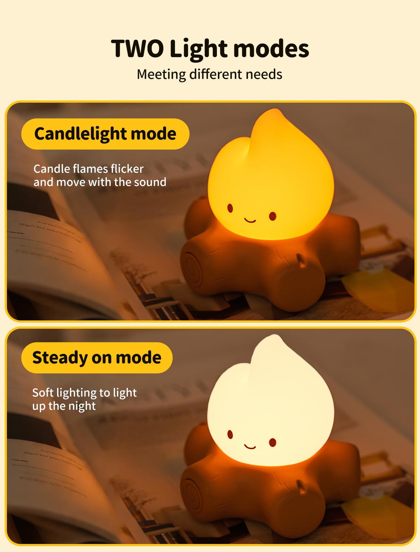 Campfire White Noise Night Light | 5 Soothing Sounds + Stepless Dimming, Flickering Candle / Steady Light Modes, Type-C Rechargeable Bedside Lamp