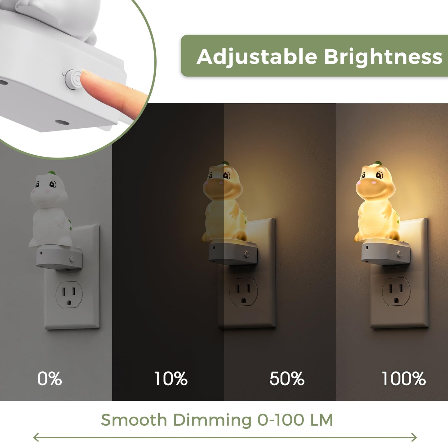 Dinosaur Plug-In Night Light | Auto Sensor Kids Night Light with Adjustable Brightness, 3000K Warm White / RGB Color Night Light for Bedroom and Nursery