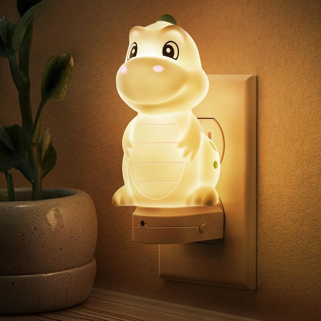 Dinosaur Plug-In Night Light | Auto Sensor Kids Night Light with Adjustable Brightness, 3000K Warm White / RGB Color Night Light for Bedroom and Nursery