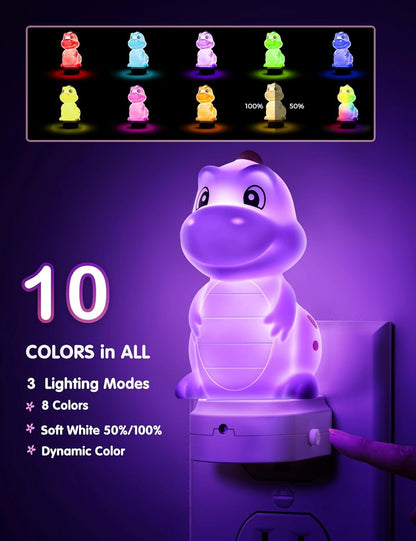 Dinosaur Plug-In Night Light | Auto Sensor Kids Night Light with Adjustable Brightness, 3000K Warm White / RGB Color Night Light for Bedroom and Nursery
