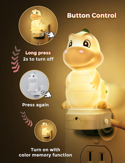 Dinosaur Plug-In Night Light | Auto Sensor Kids Night Light with Adjustable Brightness, 3000K Warm White / RGB Color Night Light for Bedroom and Nursery