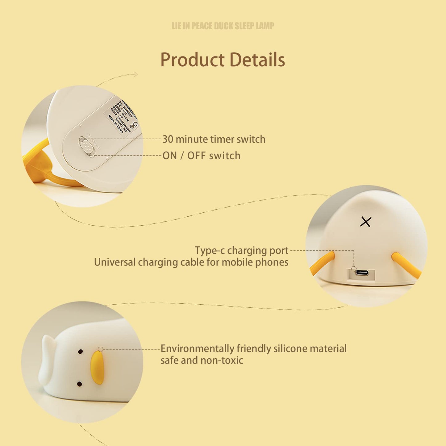 Duck Silicone Tap Night Light | 3-Level Dimmable Kids’ Bedside Lamp, 30-Minute Timer, Type-C Rechargeable Phone Stand Night Light