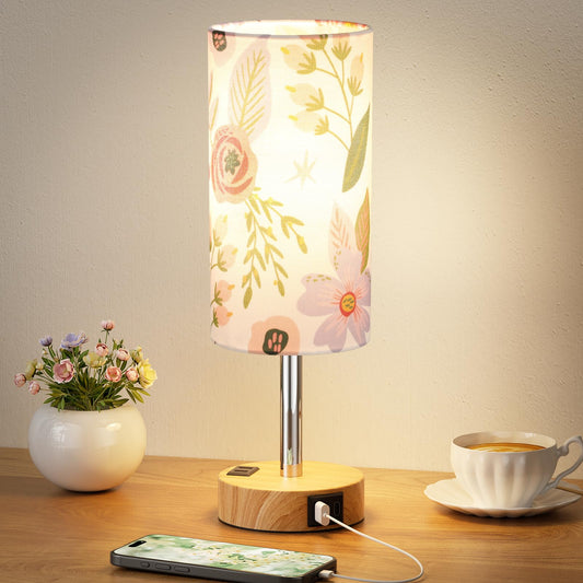 Floral Bedside Table Lamp with USB Charging Ports | 3-Level Touch Dimming Lamp with USB-C, USB-A & AC Outlet Charging Station