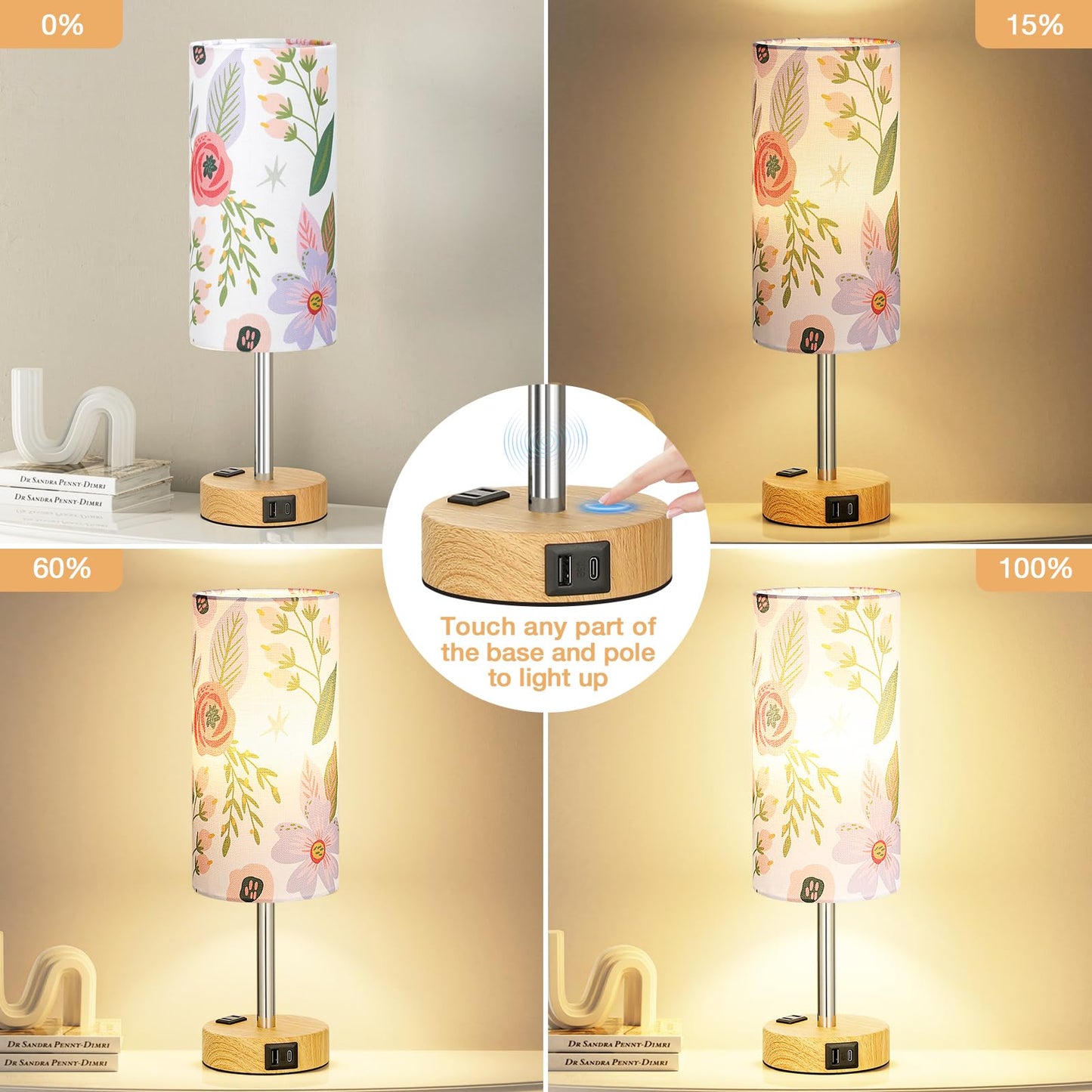 Floral Bedside Table Lamp with USB Charging Ports | 3-Level Touch Dimming Lamp with USB-C, USB-A & AC Outlet Charging Station