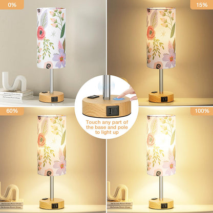Floral Bedside Table Lamp with USB Charging Ports | 3-Level Touch Dimming Lamp with USB-C, USB-A & AC Outlet Charging Station