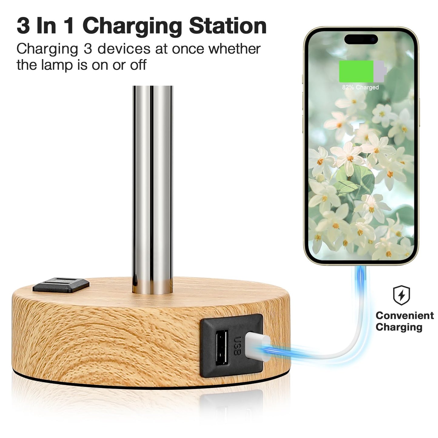Floral Bedside Table Lamp with USB Charging Ports | 3-Level Touch Dimming Lamp with USB-C, USB-A & AC Outlet Charging Station