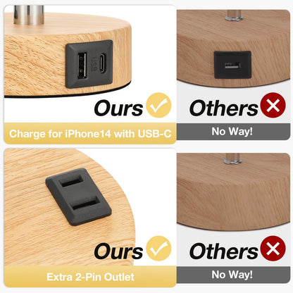Floral Bedside Table Lamp with USB Charging Ports | 3-Level Touch Dimming Lamp with USB-C, USB-A & AC Outlet Charging Station