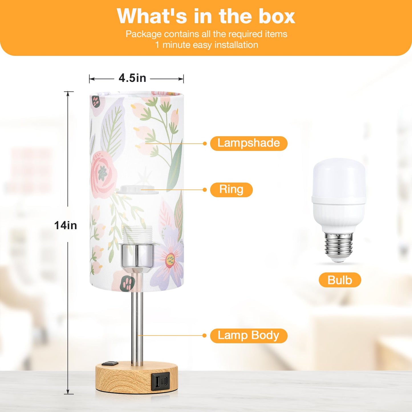 Floral Bedside Table Lamp with USB Charging Ports | 3-Level Touch Dimming Lamp with USB-C, USB-A & AC Outlet Charging Station