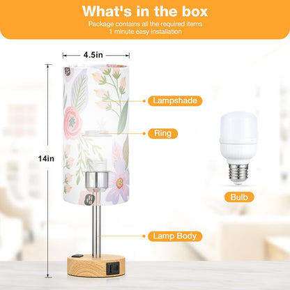 Floral Bedside Table Lamp with USB Charging Ports | 3-Level Touch Dimming Lamp with USB-C, USB-A & AC Outlet Charging Station